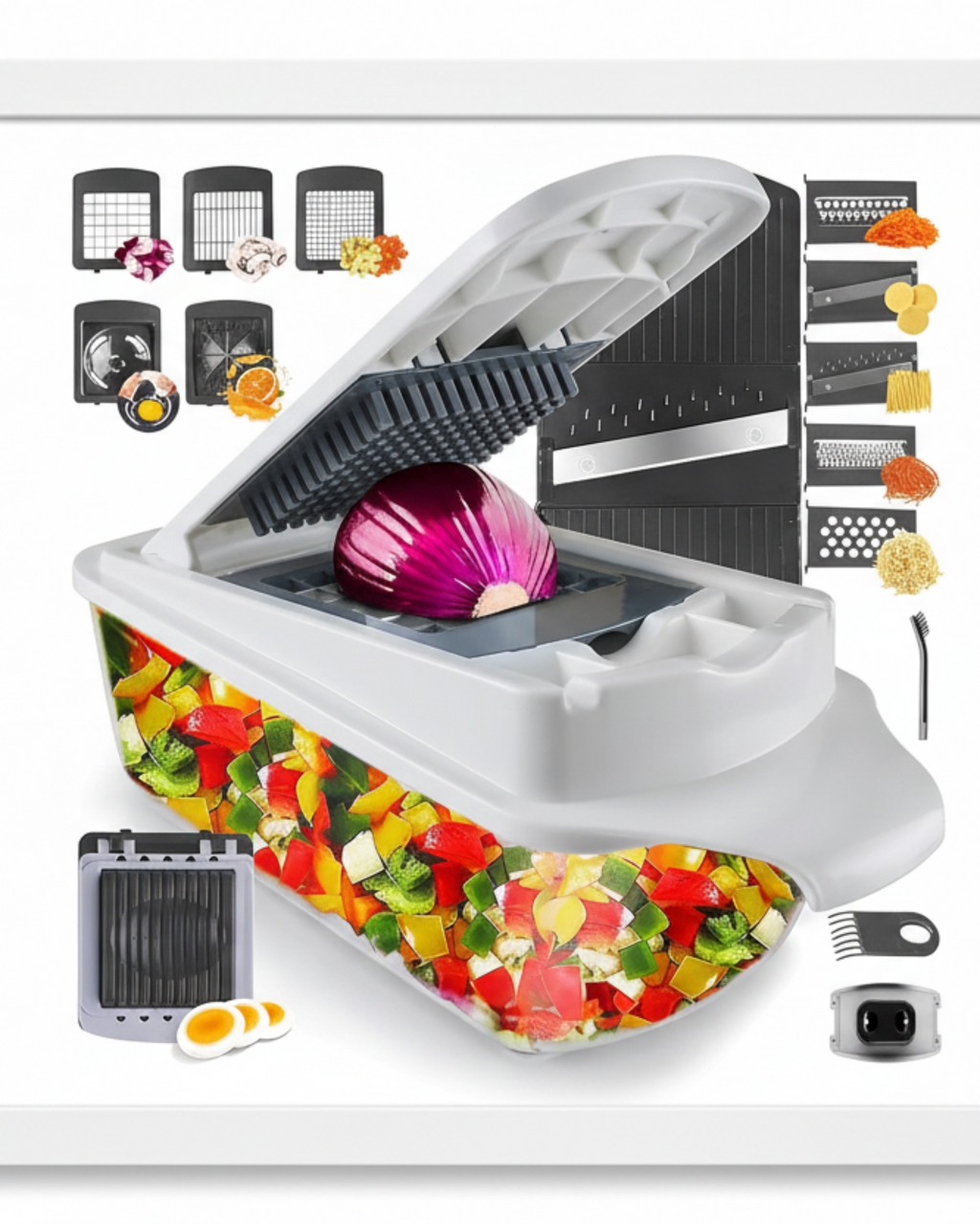 8-in-1 vegetable chopper with interchangeable blades, food container, and onion dicer attachment for quick meal prep.