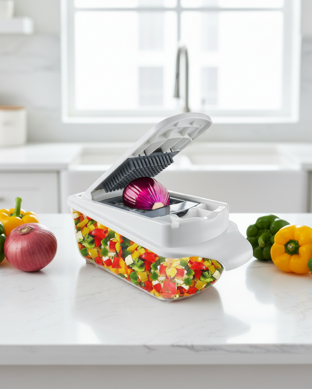 8-in-1 vegetable chopper on a kitchen countertop with fresh vegetables, ready for quick meal prep.
