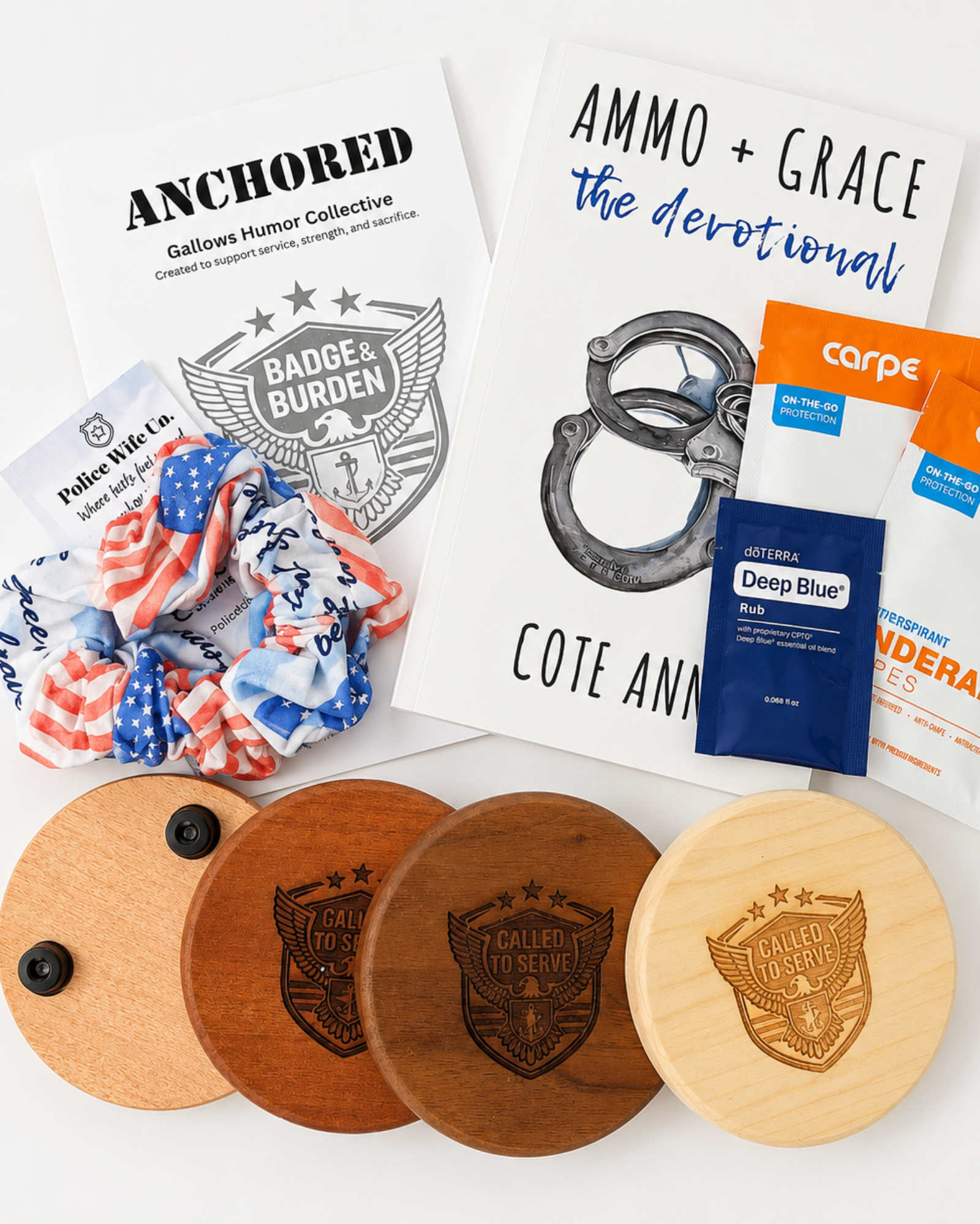 ANCHORED first responder gift set with devotional, humor booklet, wooden coasters, patriotic scrunchie, and wellness samples