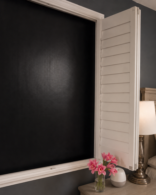 Blackout EZ blackout window cover installed inside a bedroom window
