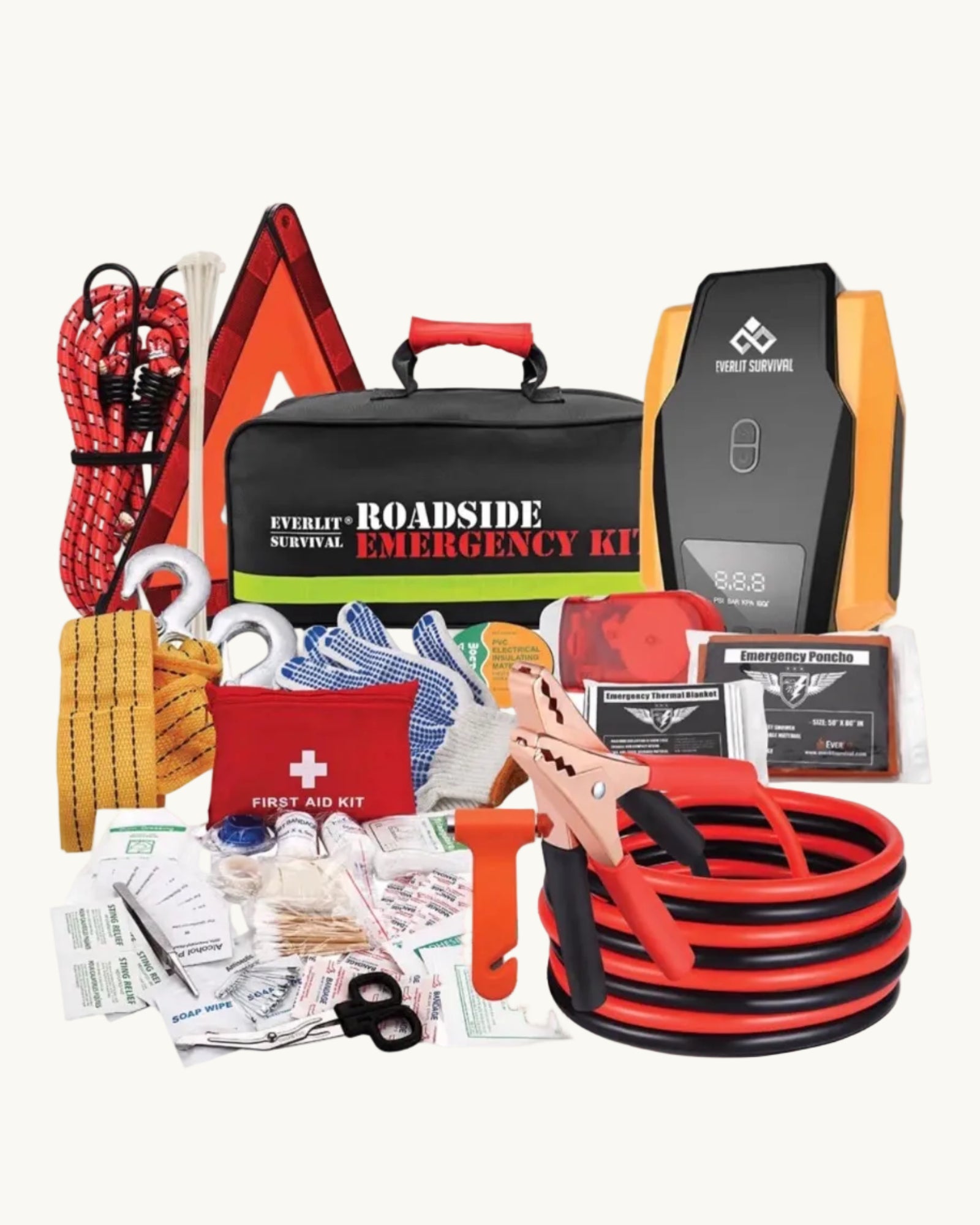 Everlit roadside emergency kit with jump starter, warning triangle, tow strap, and first aid supplies