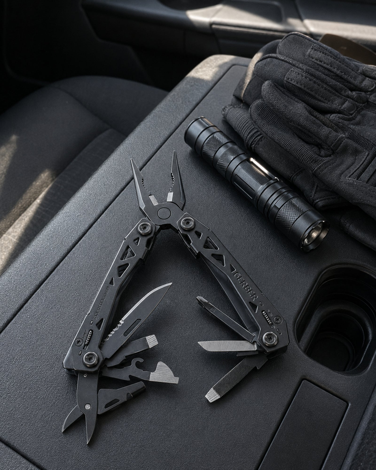 Gerber Suspension-NXT multitool with duty gloves and flashlight on a vehicle console