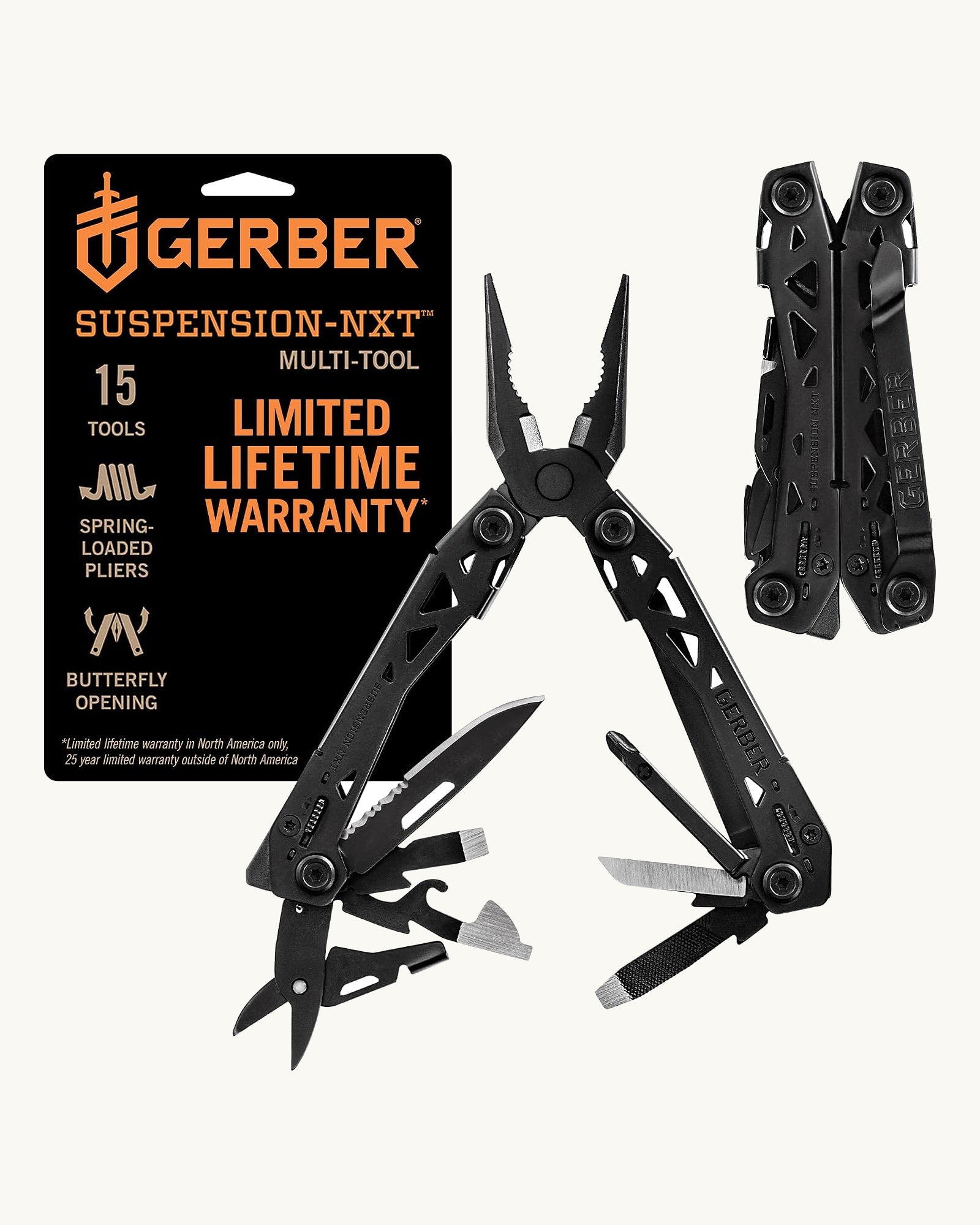 Gerber Suspension-NXT 15-tool multitool shown open and closed with product feature card