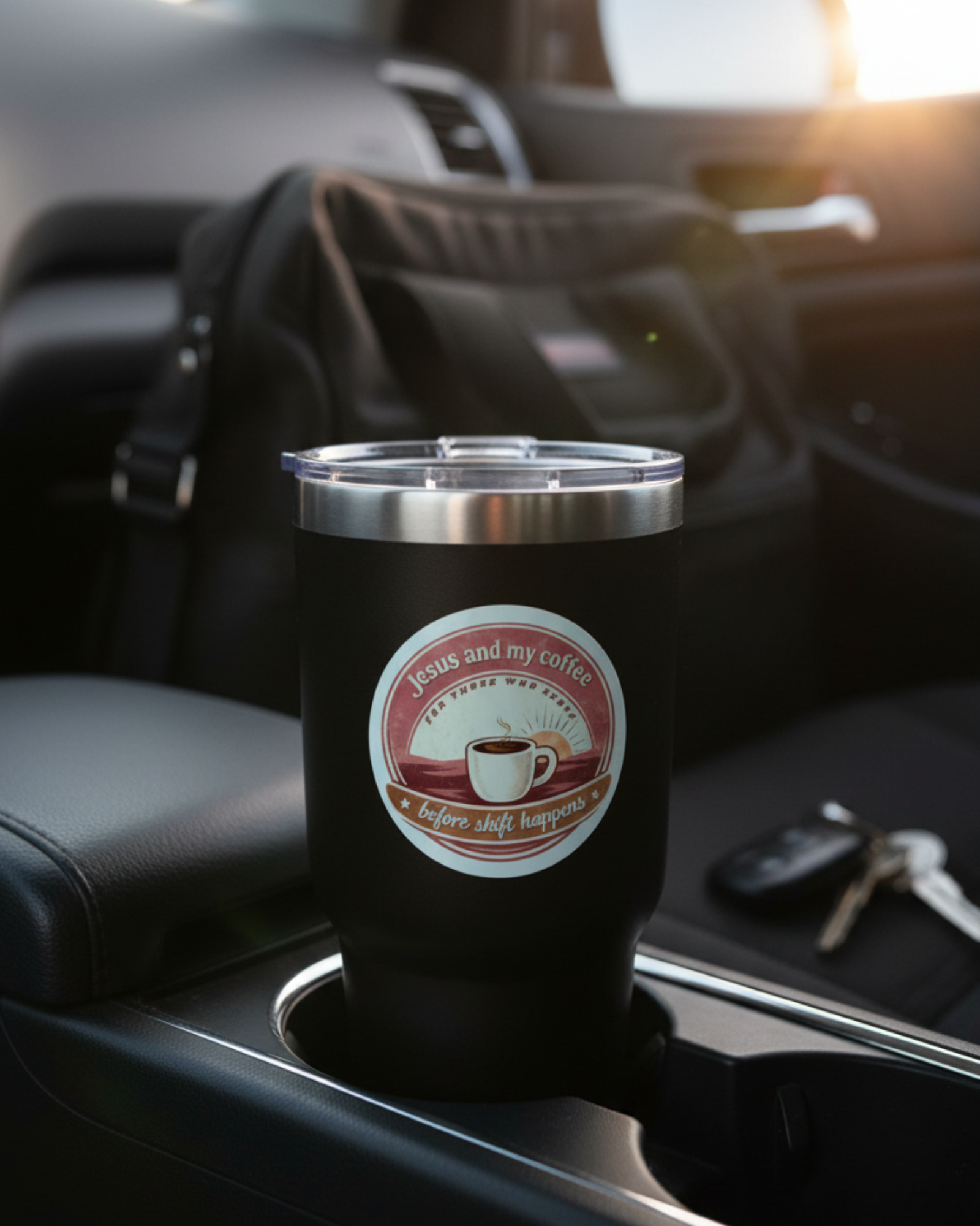 Jesus and my coffee before shift sticker on a black travel mug before an early shift