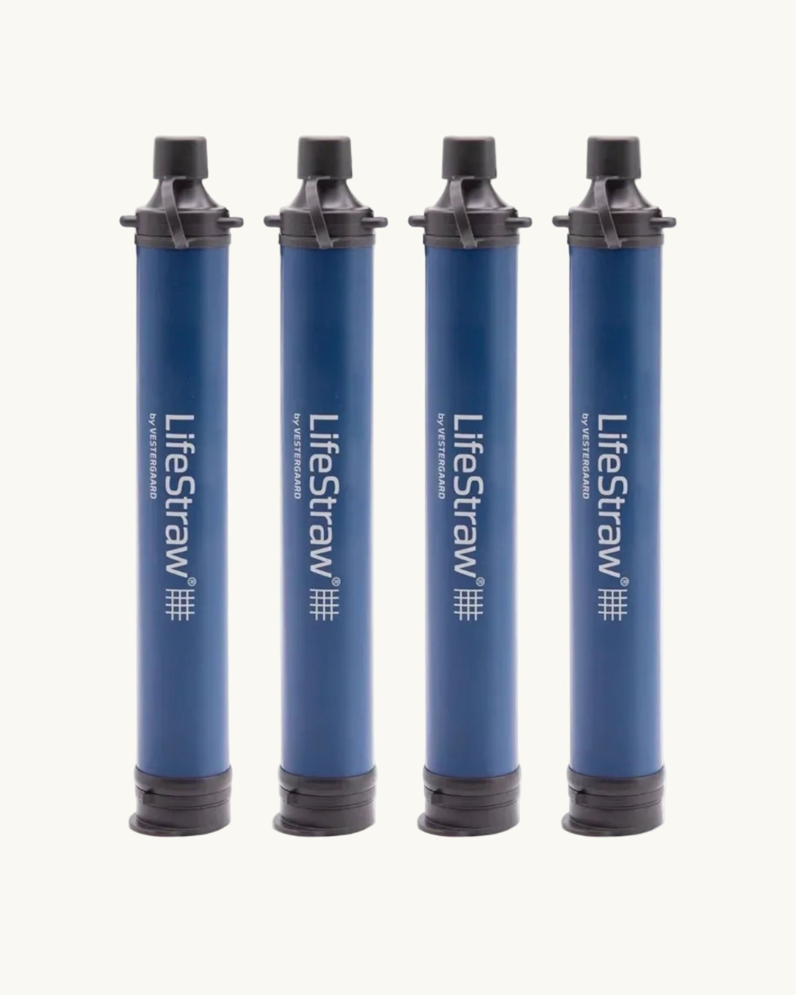Four blue LifeStraw personal water filters for emergency preparedness and outdoor use