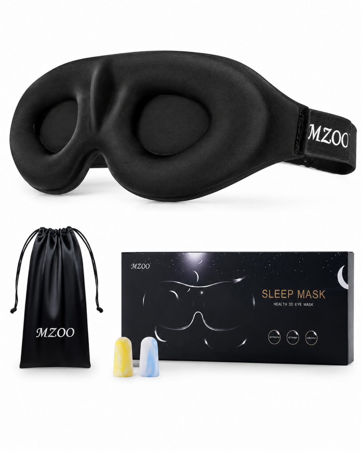 Black MZOO 3D sleep mask worn for daytime sleep in a shift-work household