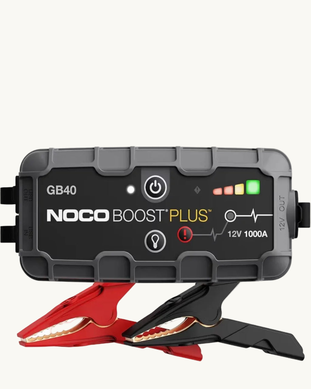NOCO Boost Plus GB40 portable jump starter with red and black battery clamps