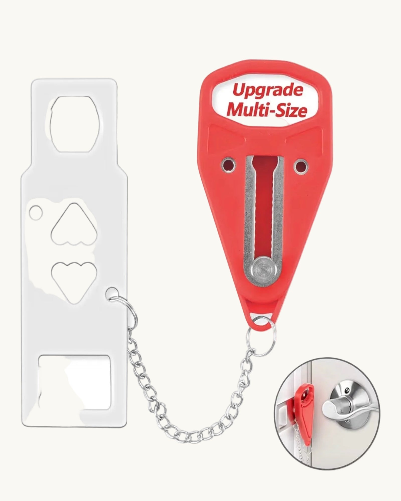 Red multi-size portable travel door lock with metal locking plate and security chain