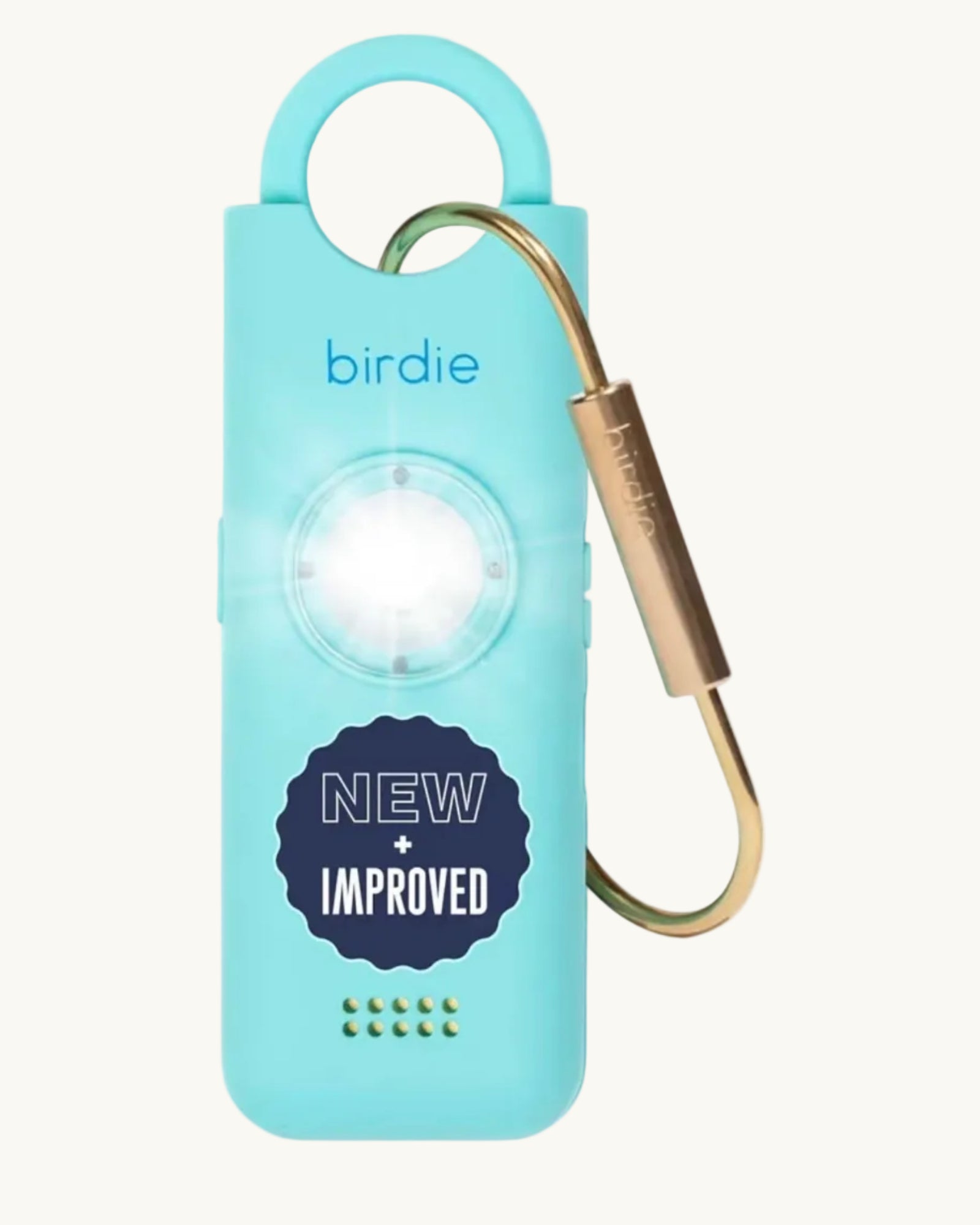 Aqua She’s Birdie personal safety alarm with gold carabiner, siren, and strobe light
