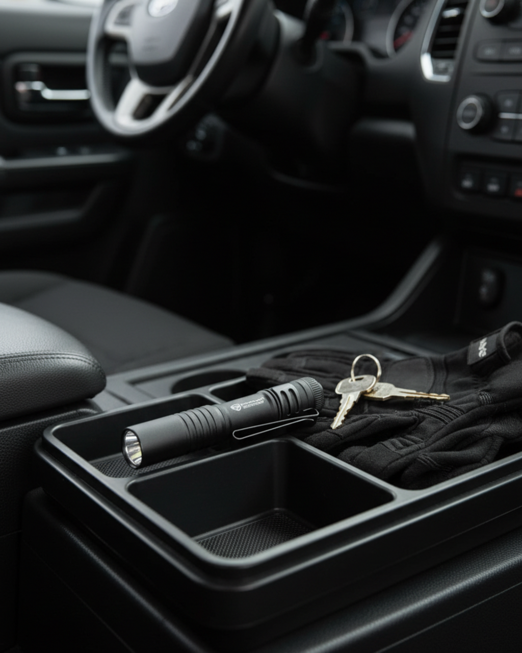 Black Streamlight MicroStream flashlight beside keys and work gloves in a vehicle center console