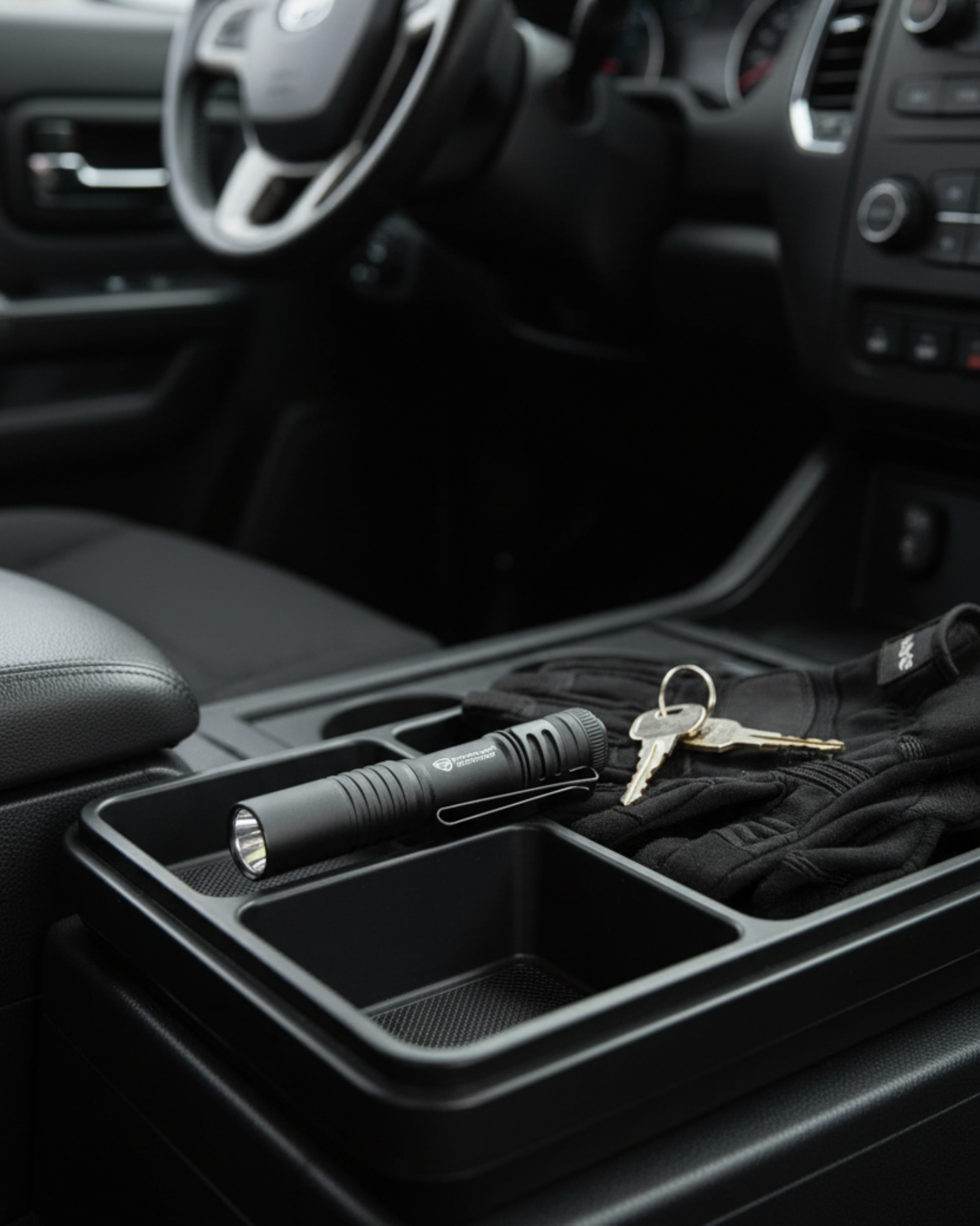 Black Streamlight MicroStream flashlight beside keys and work gloves in a vehicle center console