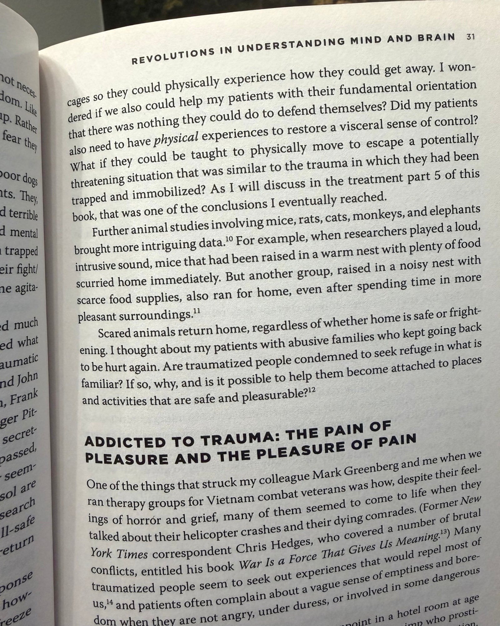 Open interior page from The Body Keeps the Score discussing trauma and combat veterans