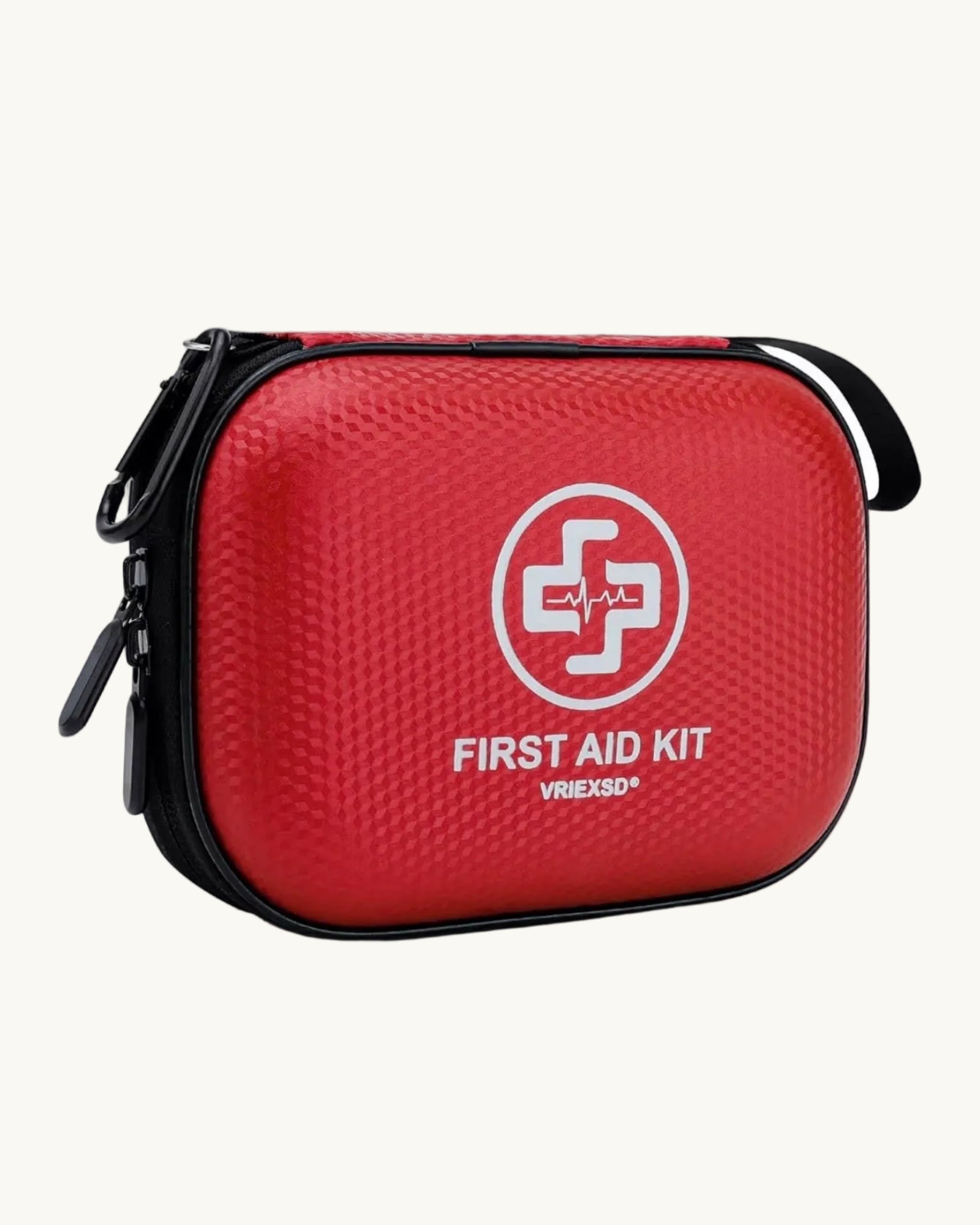 Red VRIEXSD compact travel first aid kit on a warm off-white background