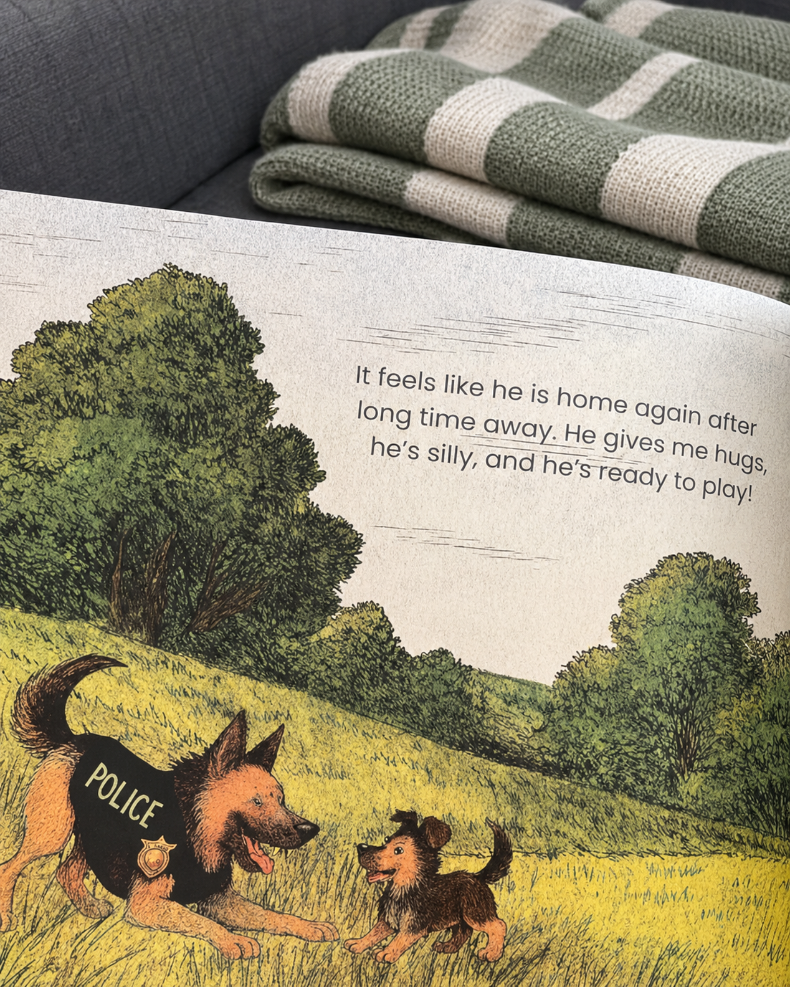 Illustrated page from When the Wolves Come to Stay Daddy Edition showing a police dog father playing with his young pup