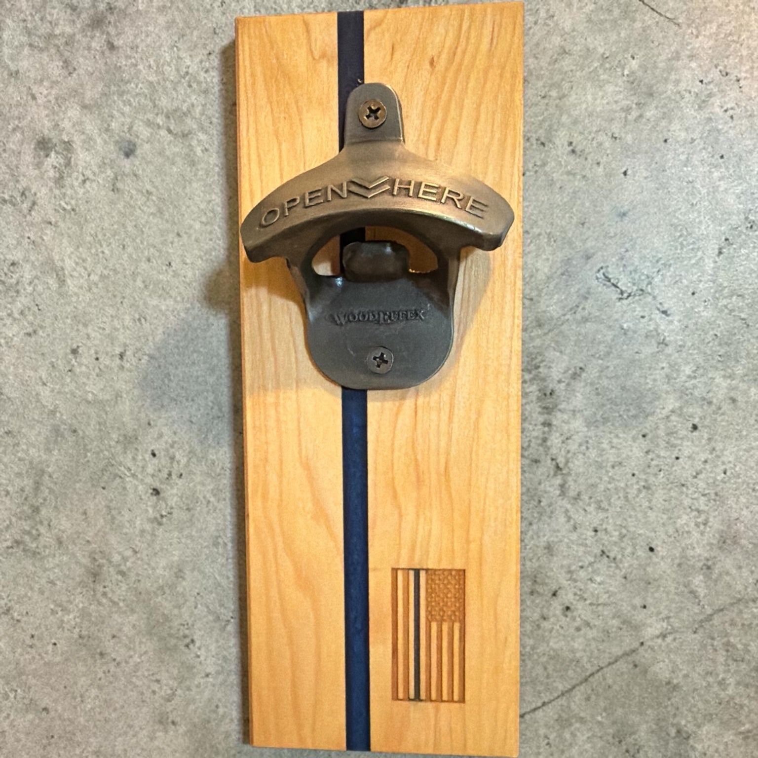 HANDMADE BLUE LINE BOTTLE OPENER (WOOD MOUNT)