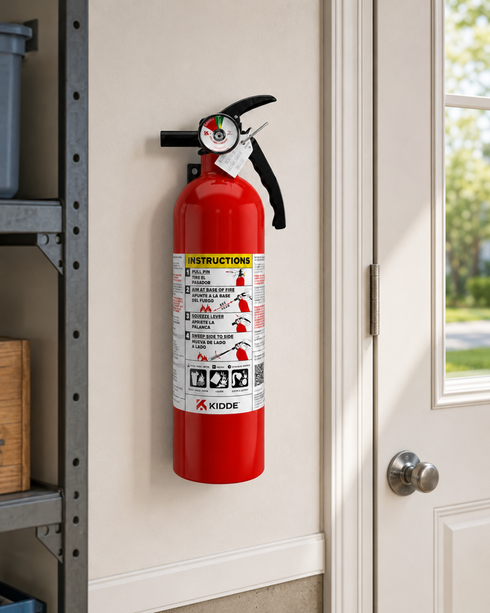 Kidde Basic 110 fire extinguisher mounted beside a residential garage exit