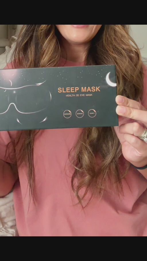 MZOO 3D contoured sleep mask demonstration showing the padded eye cups, fit, and light-blocking design