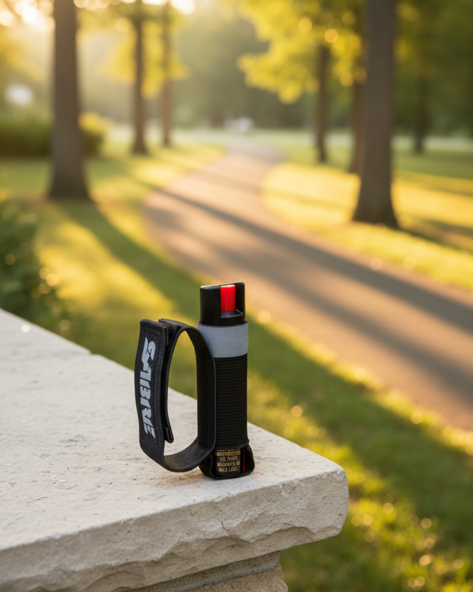 SABRE Runner Pepper Gel with reflective hand strap beside a sunlit walking trail